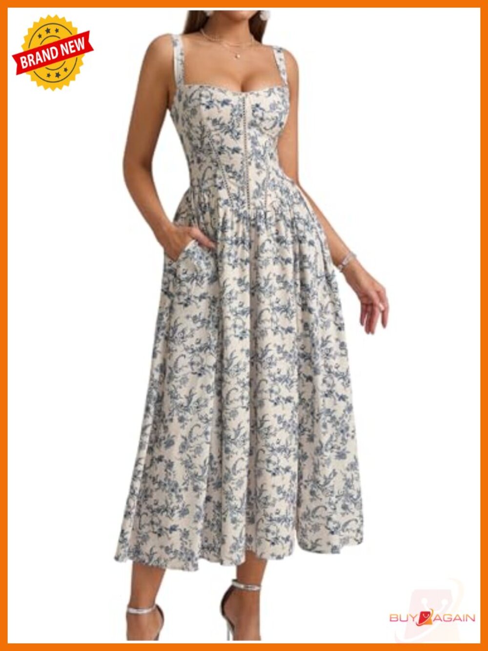 KUTUMAI Floral Corset Midi Dress Lace Square Neck Smocked A-Line